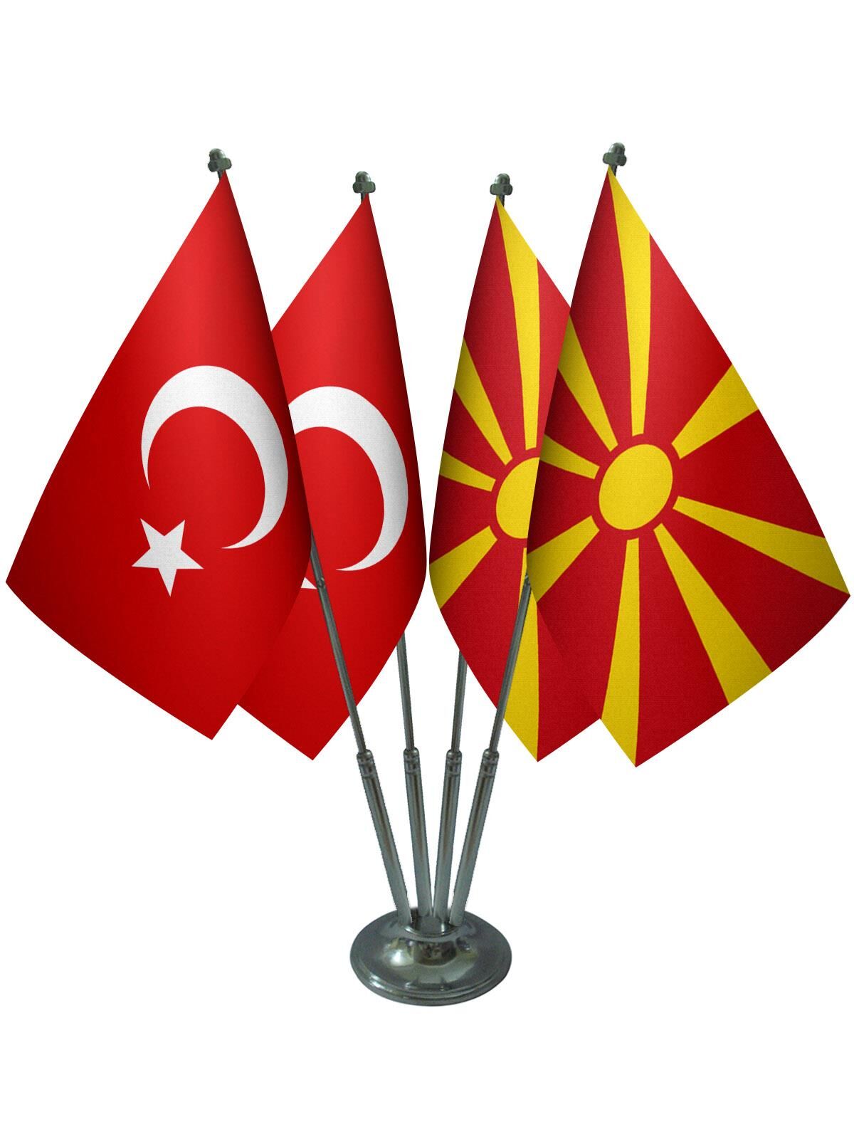 Masa Üstü Makedonya Bayrağı Türk Bayrağı Dörtlü Krom Direk Masa Bayrak Seti