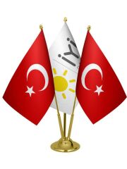 Masa Üstü İyi Parti Bayrağı Türk Bayrağı Üçlü Pirinç Direk Masa Bayrak Seti