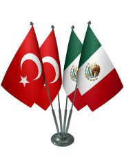 Masa Üstü Meksika Bayrağı Türk Bayrağı Dörtlü Krom Direk Masa Bayrak Seti