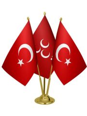 Masa Üstü MHP Bayrağı Türk Bayrağı Üçlü Pirinç Direk Masa Bayrak Seti