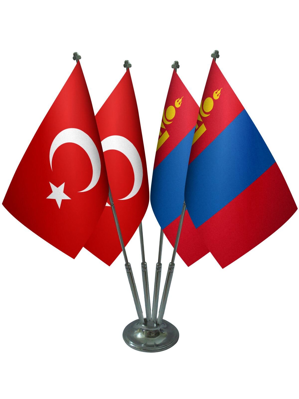 Masa Üstü Moğolistan Bayrağı Türk Bayrağı Dörtlü Krom Direk Masa Bayrak Seti