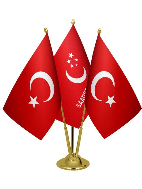 Masa Üstü Saadet Partisi Bayrağı Türk Bayrağı Üçlü Pirinç Direk Masa Bayrak Seti