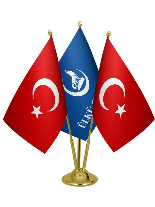 Masa Üstü Ülkü Ocakları Bayrağı Türk Bayrağı Üçlü Pirinç Direk Masa Bayrak Seti