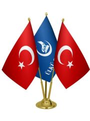 Masa Üstü Ülkü Ocakları Bayrağı Türk Bayrağı Üçlü Pirinç Direk Masa Bayrak Seti