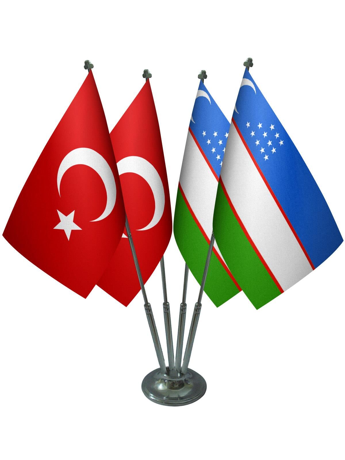 Masa Üstü Özbekistan Bayrağı Türk Bayrağı Dörtlü Krom Direk Masa Bayrak Seti