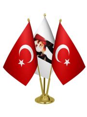 Masa Üstü Atatürk Bayrağı Türk Bayrağı Üçlü Pirinç Direk Masa Bayrak Seti
