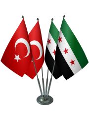 Masa Üstü Özgür Suriye Ordusu Bayrağı Türk Bayrağı Dörtlü Krom Direk Masa Bayrak Seti