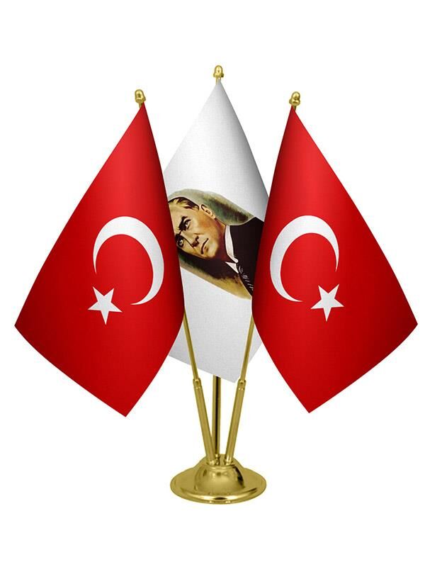 Masa Üstü Atatürk Bayrağı Türk Bayrağı Üçlü Pirinç Direk Masa Bayrak Seti