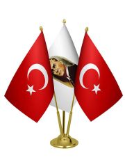 Masa Üstü Atatürk Bayrağı Türk Bayrağı Üçlü Pirinç Direk Masa Bayrak Seti