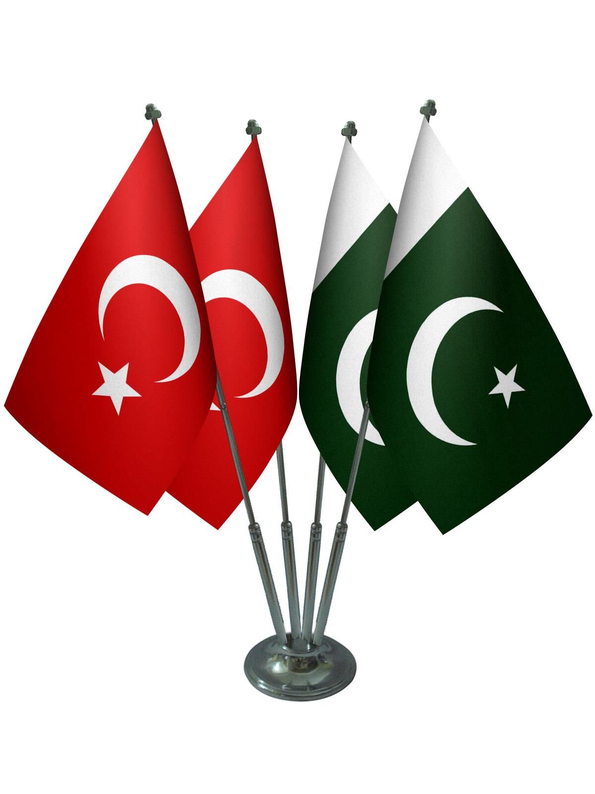 Masa Üstü Pakistan Bayrağı Türk Bayrağı Dörtlü Krom Direk Masa Bayrak Seti