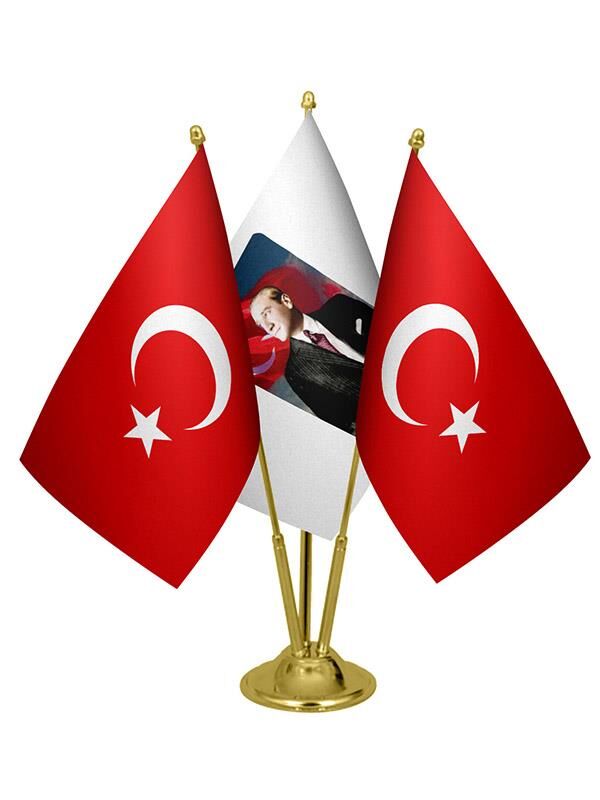 Masa Üstü Atatürk Bayrağı Türk Bayrağı Üçlü Pirinç Direk Masa Bayrak Seti