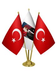 Masa Üstü Atatürk Bayrağı Türk Bayrağı Üçlü Pirinç Direk Masa Bayrak Seti