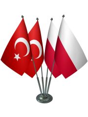 Masa Üstü Polonya Bayrağı Türk Bayrağı Dörtlü Krom Direk Masa Bayrak Seti