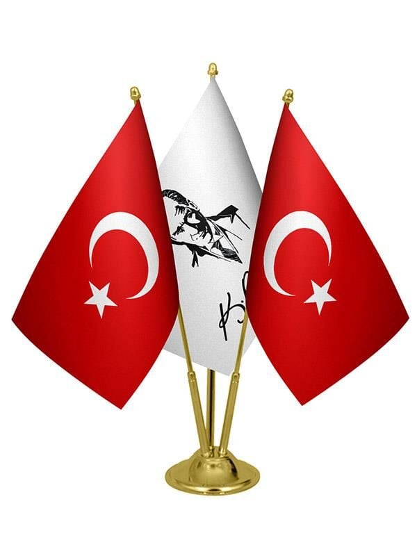Masa Üstü Atatürk İmzalı Bayrağı Türk Bayrağı Üçlü Pirinç Direk Masa Bayrak Seti