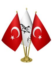 Masa Üstü Atatürk İmzalı Bayrağı Türk Bayrağı Üçlü Pirinç Direk Masa Bayrak Seti