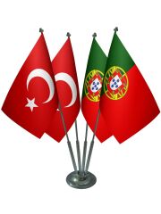 Masa Üstü Portekiz Bayrağı Türk Bayrağı Dörtlü Krom Direk Masa Bayrak Seti