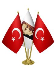 Masa Üstü Atatürk Bayrağı Türk Bayrağı Üçlü Pirinç Direk Masa Bayrak Seti