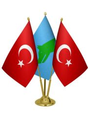 Masa Üstü Göktürk Bayrağı Türk Bayrağı Üçlü Pirinç Direk Masa Bayrak Seti