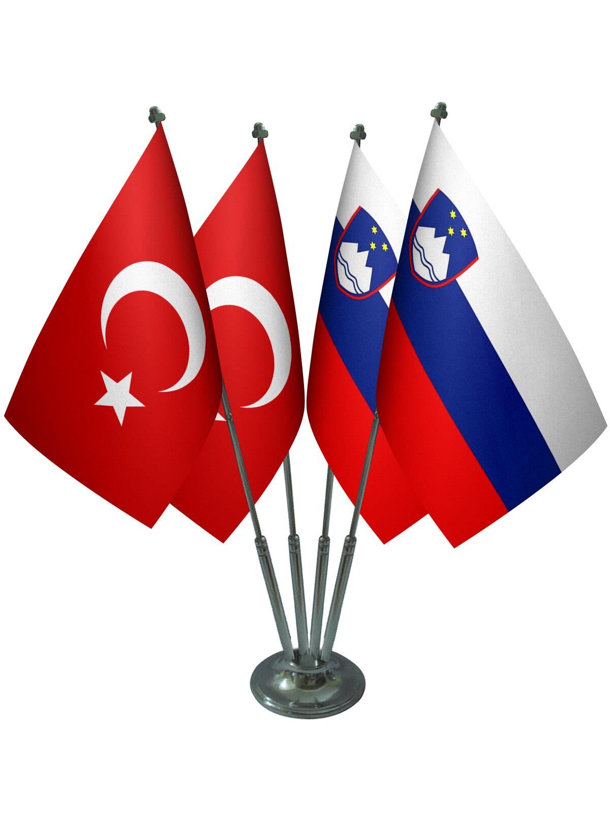 Masa Üstü Slovenya Bayrağı Türk Bayrağı Dörtlü Krom Direk Masa Bayrak Seti