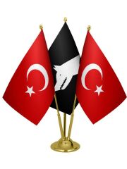 Masa Üstü Siyah Göktürk Bayrağı Türk Bayrağı Üçlü Pirinç Direk Masa Bayrak Seti