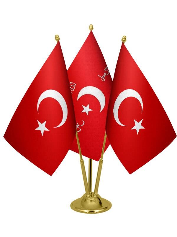 Masa Üstü İttihat ve Terakki Bayrağı Türk Bayrağı Üçlü Pirinç Direk Masa Bayrak Seti