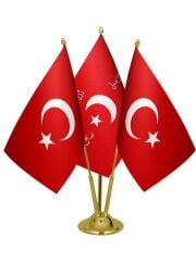 Masa Üstü İttihat ve Terakki Bayrağı Türk Bayrağı Üçlü Pirinç Direk Masa Bayrak Seti