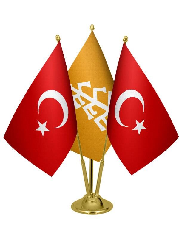 Masa Üstü Karahanlılar Bayrağı Türk Bayrağı Üçlü Pirinç Direk Masa Bayrak Seti