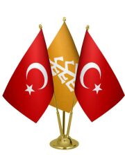 Masa Üstü Karahanlılar Bayrağı Türk Bayrağı Üçlü Pirinç Direk Masa Bayrak Seti