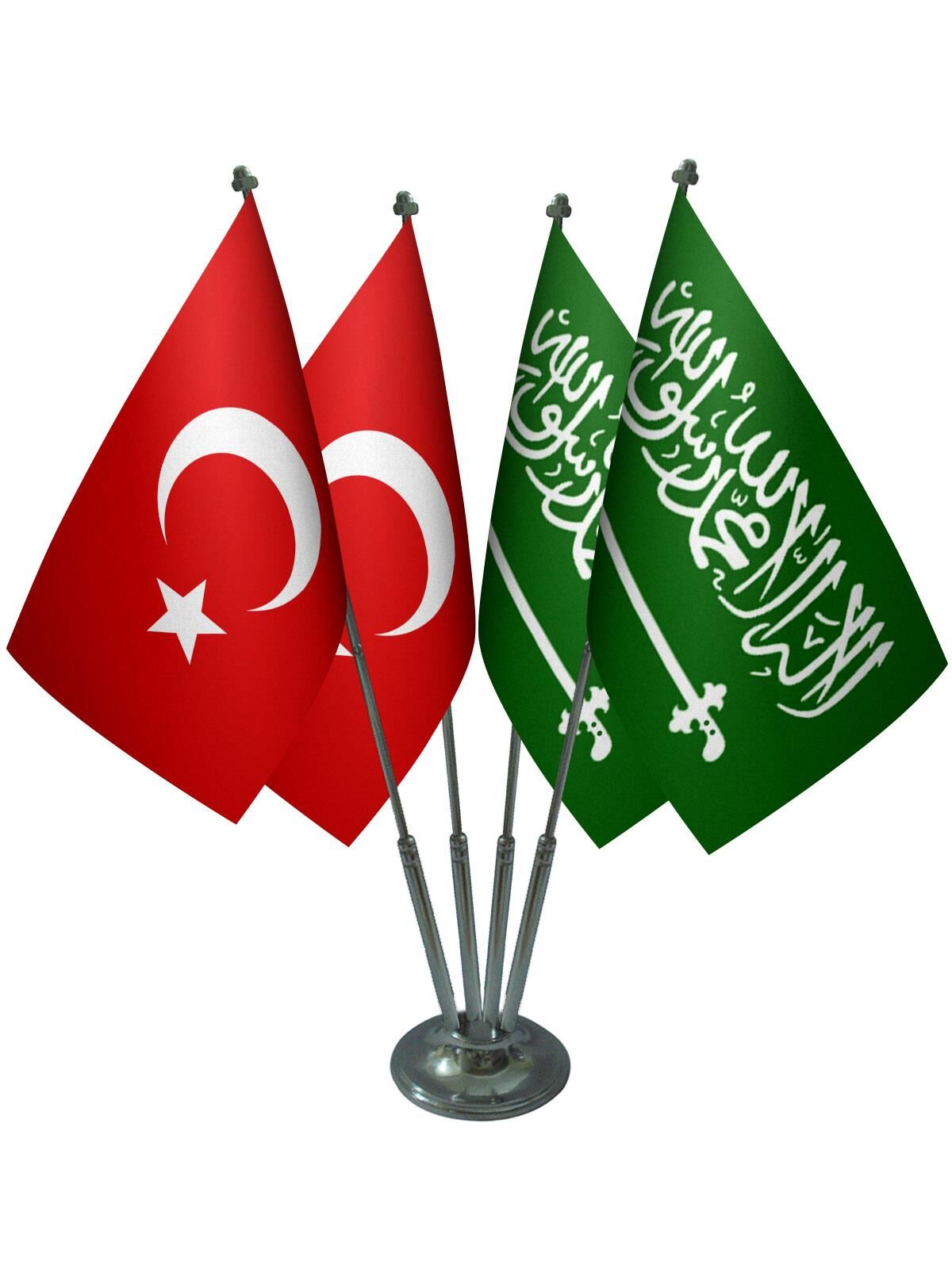 Masa Üstü Suudi Arabistan Bayrağı Türk Bayrağı Dörtlü Krom Direk Masa Bayrak Seti