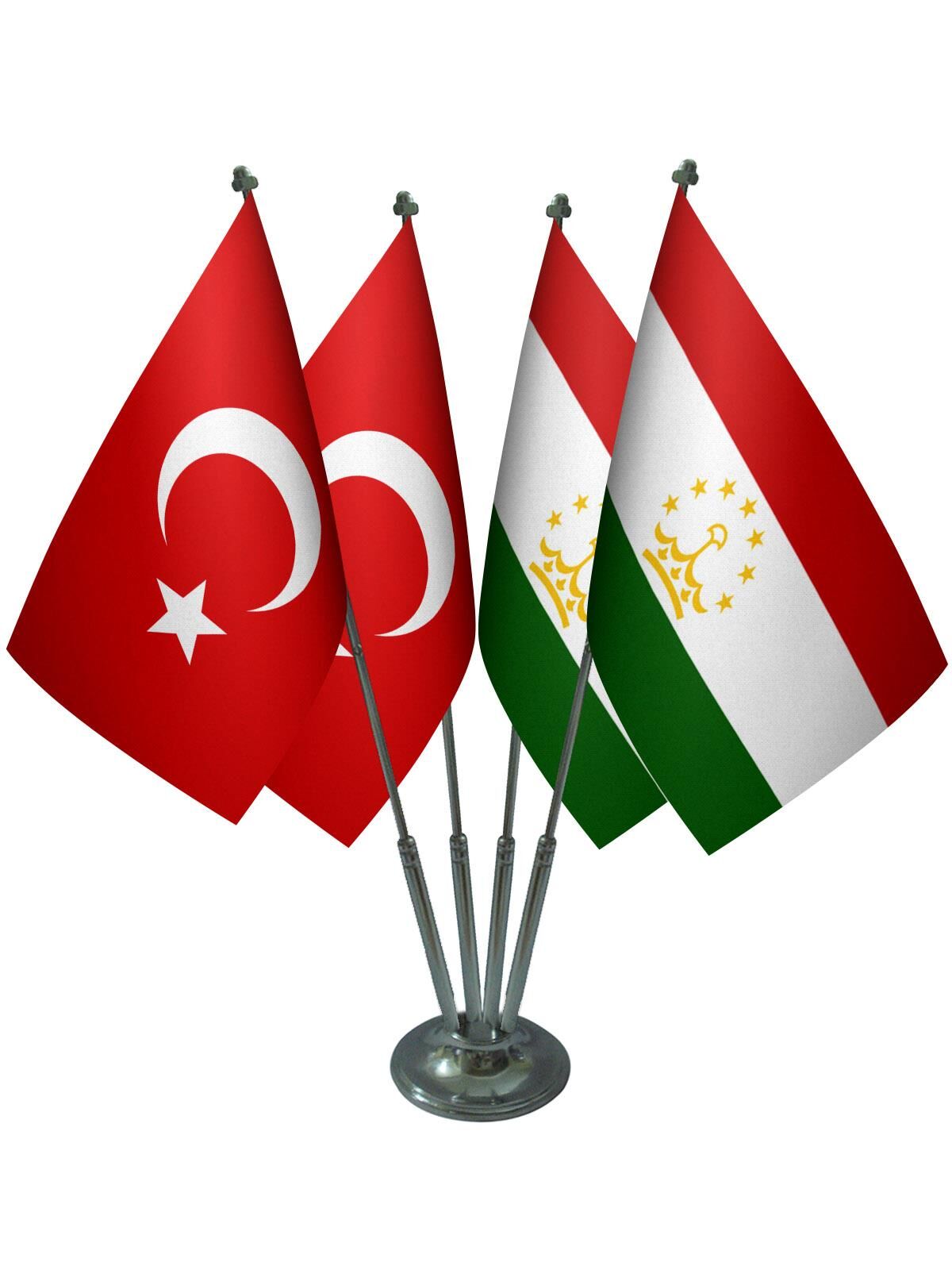 Masa Üstü Tacikistan Bayrağı Türk Bayrağı Dörtlü Krom Direk Masa Bayrak Seti