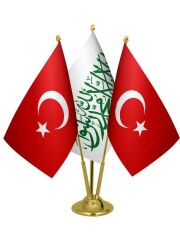 Masa Üstü Beyaz Kelimei Tevhid Bayrağı Türk Bayrağı Üçlü Pirinç Direk Masa Bayrak Seti