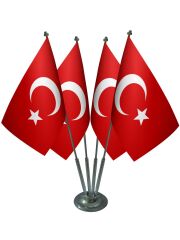 Masa Üstü Dörtlü Türk Bayrağı Dörtlü Krom Direk Masa Bayrak Seti