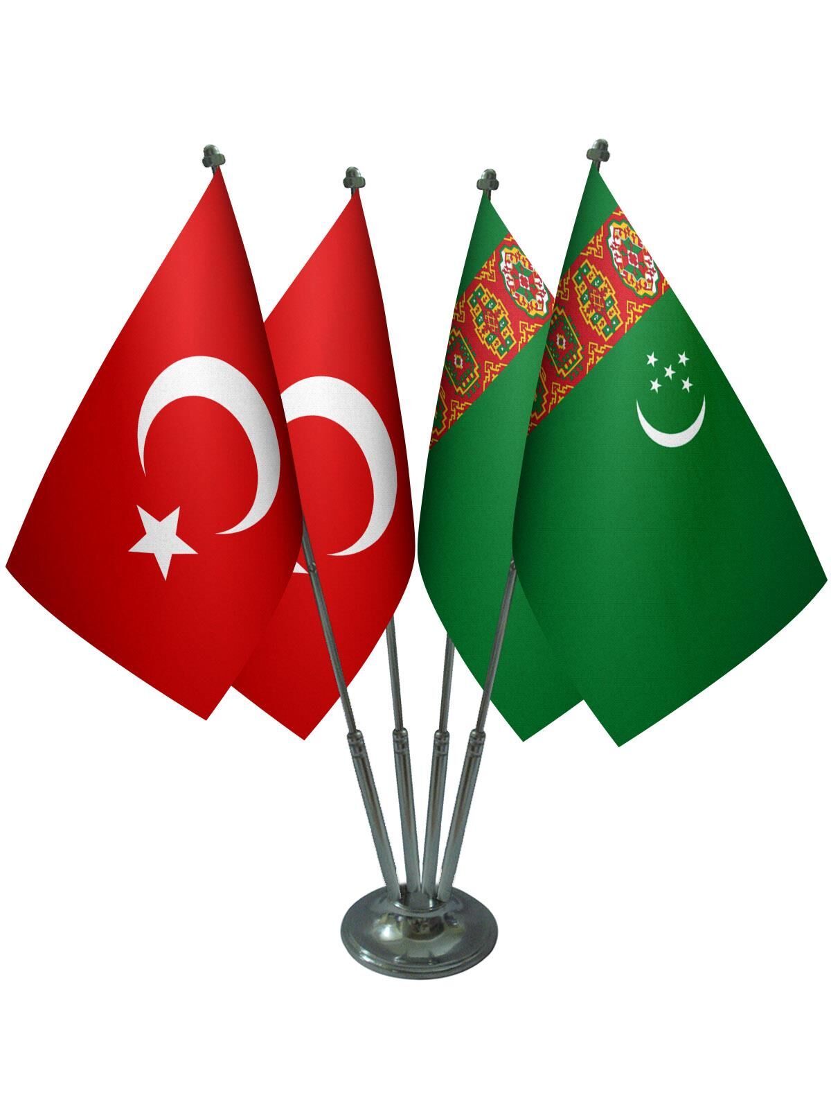Masa Üstü Türkmenistan Bayrağı Türk Bayrağı Dörtlü Krom Direk Masa Bayrak Seti