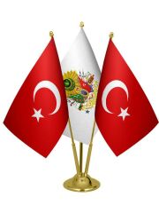 Masa Üstü Osmanlı Arması Bayrağı Türk Bayrağı Üçlü Pirinç Direk Masa Bayrak Seti