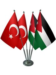Masa Üstü Ürdün Bayrağı Türk Bayrağı Dörtlü Krom Direk Masa Bayrak Seti