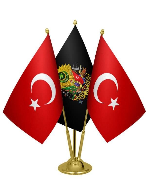 Masa Üstü Siyah Osmanlı Arması Bayrağı Türk Bayrağı Üçlü Pirinç Direk Masa Bayrak Seti