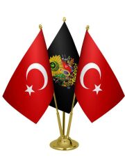 Masa Üstü Siyah Osmanlı Arması Bayrağı Türk Bayrağı Üçlü Pirinç Direk Masa Bayrak Seti