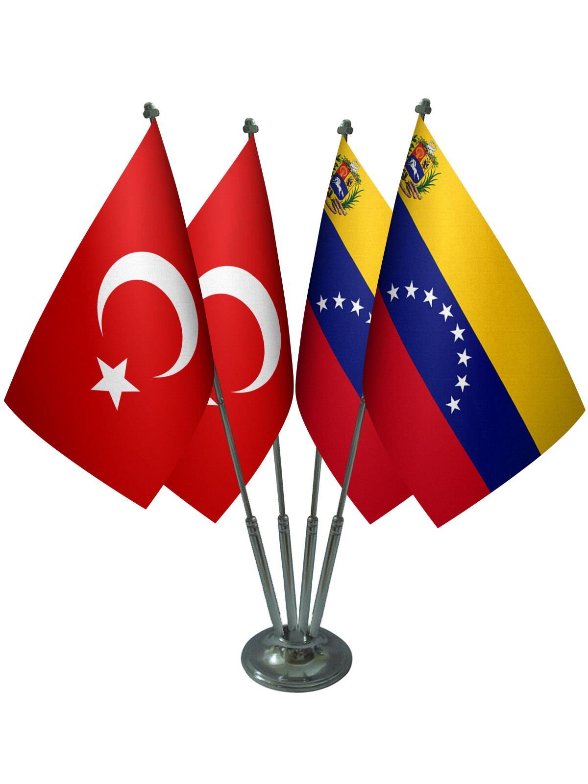 Masa Üstü Venezuella Bayrağı Türk Bayrağı Dörtlü Krom Direk Masa Bayrak Seti