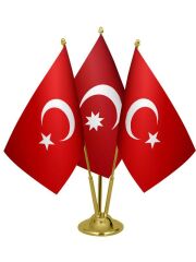 Masa Üstü Osmanlı Devleti Bayrağı Türk Bayrağı Üçlü Pirinç Direk Masa Bayrak Seti
