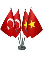 Masa Üstü Vietnam Bayrağı Türk Bayrağı Dörtlü Krom Direk Masa Bayrak Seti