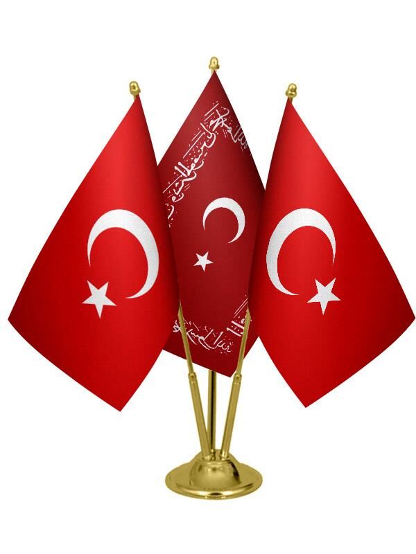 Masa Üstü Ayetli Osmanlı Bayrağı Türk Bayrağı Üçlü Pirinç Direk Masa Bayrak Seti