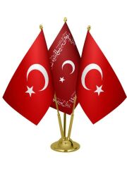 Masa Üstü Ayetli Osmanlı Bayrağı Türk Bayrağı Üçlü Pirinç Direk Masa Bayrak Seti