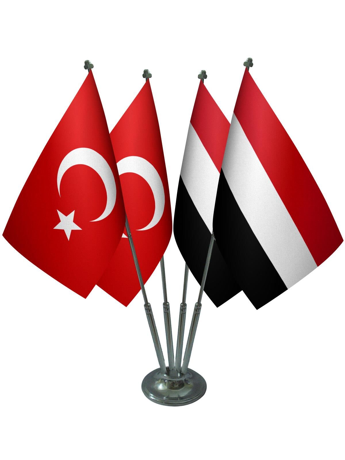 Masa Üstü Yemen Bayrağı Türk Bayrağı Dörtlü Krom Direk Masa Bayrak Seti
