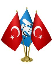 Masa Üstü Selçuklu Devleti Bayrağı Türk Bayrağı Üçlü Pirinç Direk Masa Bayrak Seti