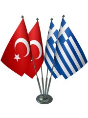 Masa Üstü Yunanistan Bayrağı Türk Bayrağı Dörtlü Krom Direk Masa Bayrak Seti