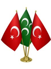 Masa Üstü Yeşil Üç Hilal Bayrağı Türk Bayrağı Üçlü Pirinç Direk Masa Bayrak Seti