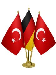 Masa Üstü Almanya Bayrağı Türk Bayrağı Üçlü Pirinç Direk Masa Bayrak Seti