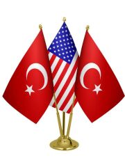 Masa Üstü Amerika Bayrağı Türk Bayrağı Üçlü Pirinç Direk Masa Bayrak Seti