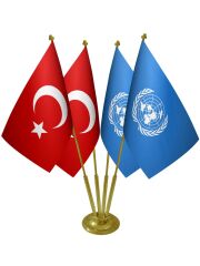 Masa Üstü BM Birleşmiş Milletler Bayrağı Türk Bayrağı Dörtlü Pirinç Direk Masa Bayrak Seti