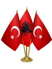 Masa Üstü Arnavutluk Bayrağı Türk Bayrağı Üçlü Pirinç Direk Masa Bayrak Seti